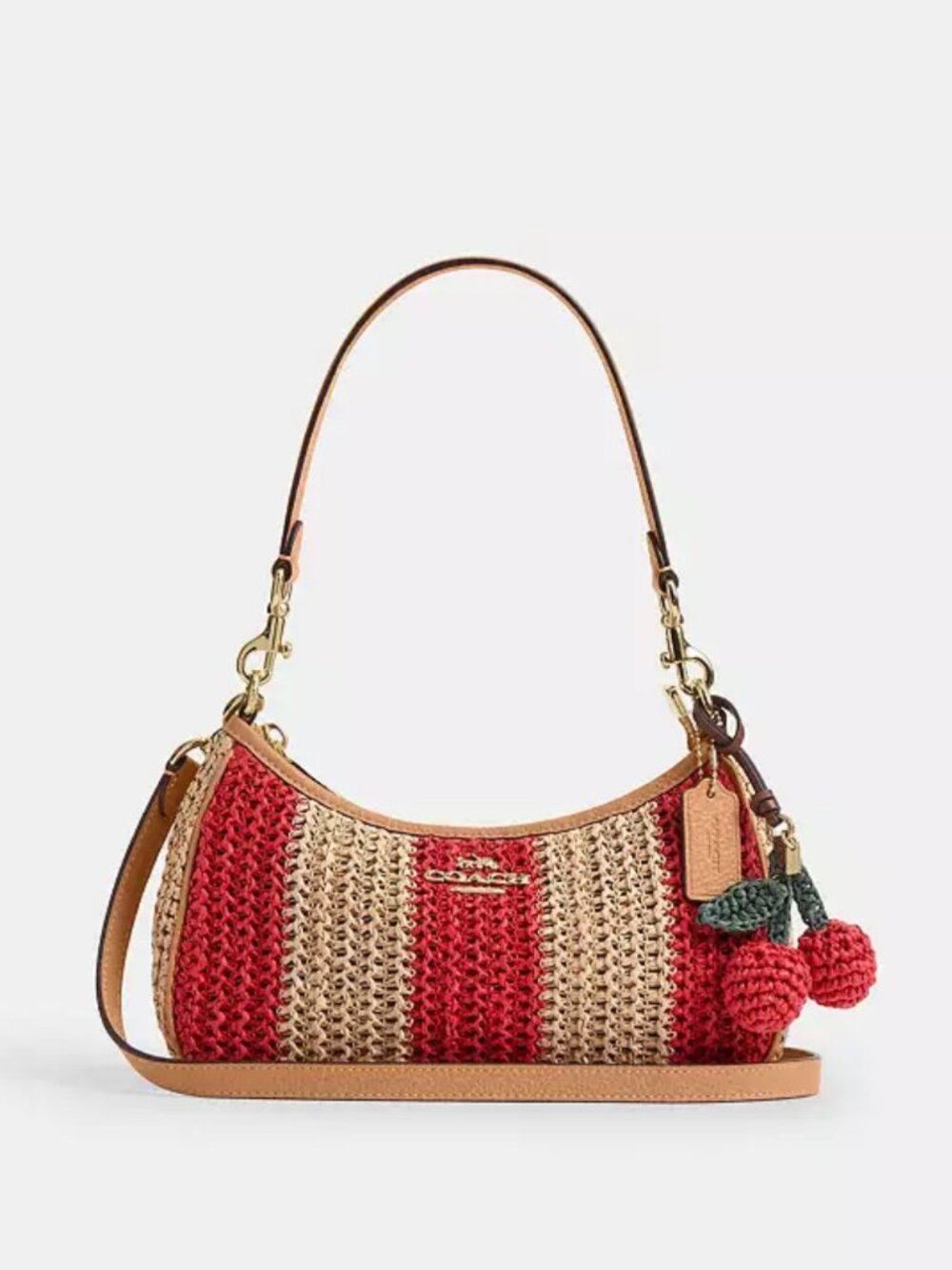 COACH teri shoulder bag with stripes and charm. gold/red/tan. item # cer34.